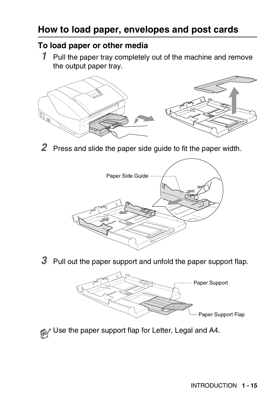 How to load paper, envelopes and post cards, To load paper or other media, How to load paper, envelopes and post cards -15 | To load paper or other media -15 | Brother FAX-1840CN User Manual | Page 32 / 220