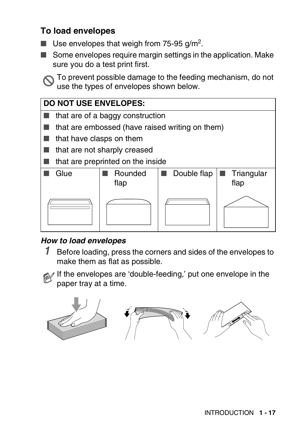 To load envelopes, To load envelopes -17 | Brother FAX-1840CN User Manual | Page 34 / 220
