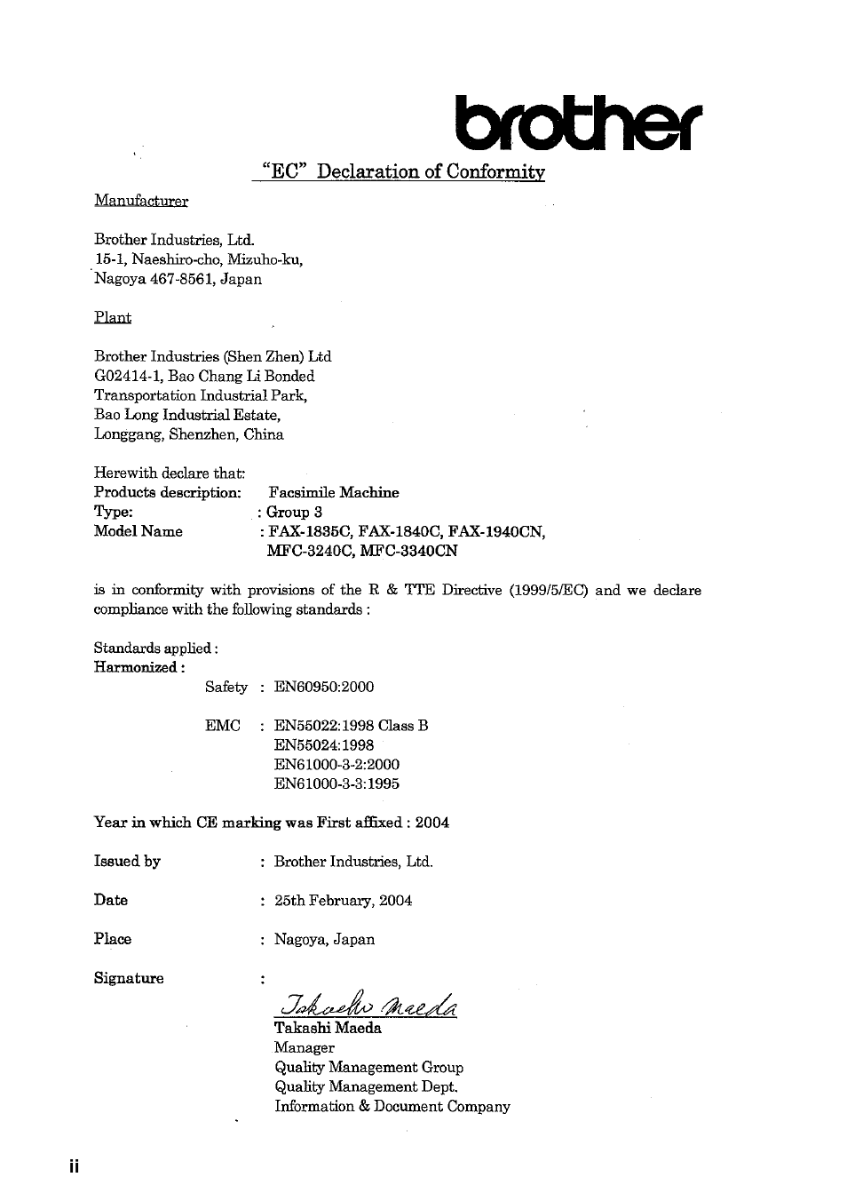 Ec" declaration of conformity | Brother FAX-1840CN User Manual | Page 4 / 220
