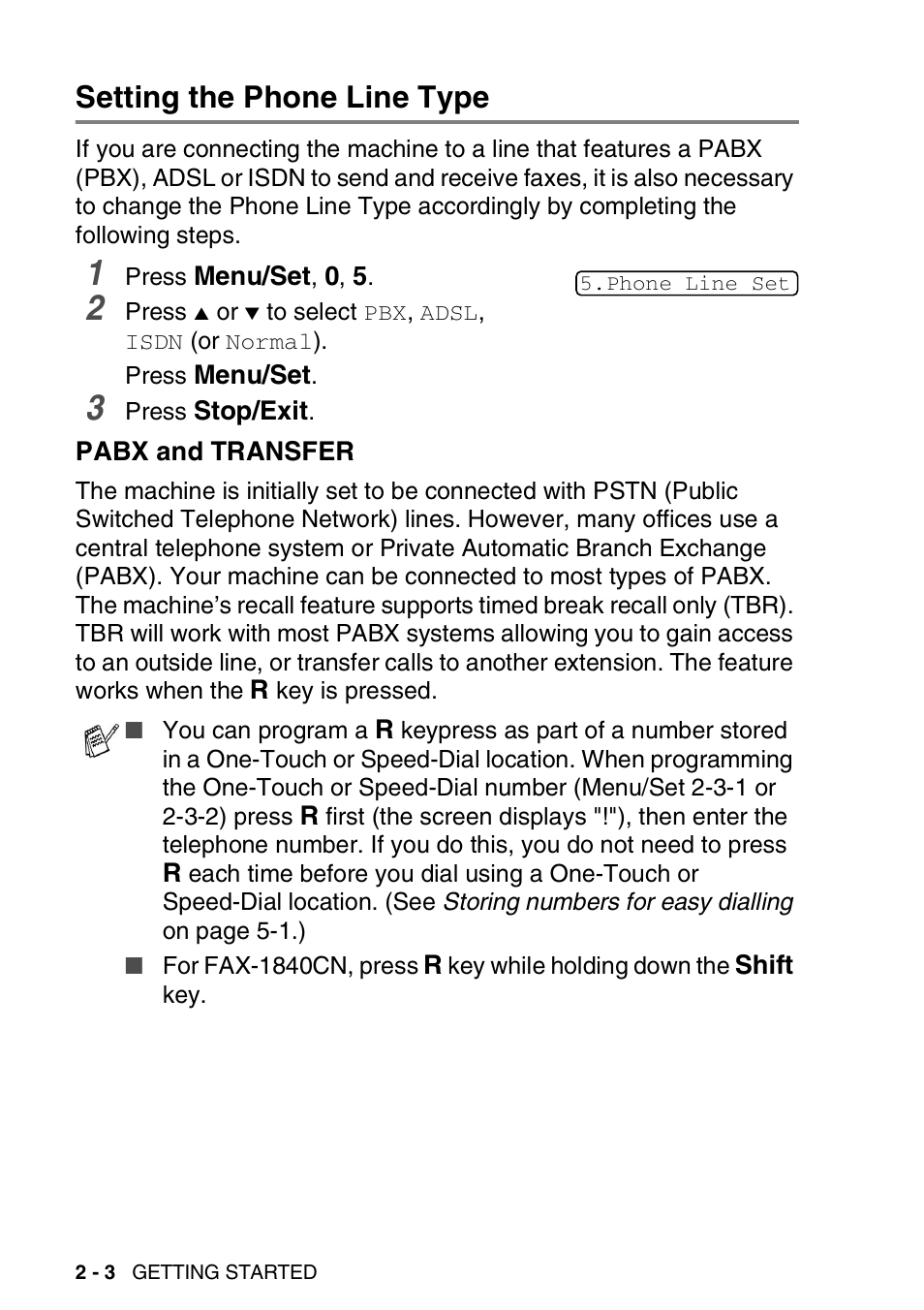 Setting the phone line type, Pabx and transfer, Setting the phone line type -3 | Pabx and transfer -3 | Brother FAX-1840CN User Manual | Page 41 / 220