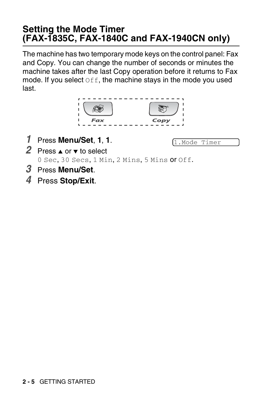 Setting the mode timer, Fax-1835c, fax-1840c and fax-1940cn only) -5 | Brother FAX-1840CN User Manual | Page 43 / 220