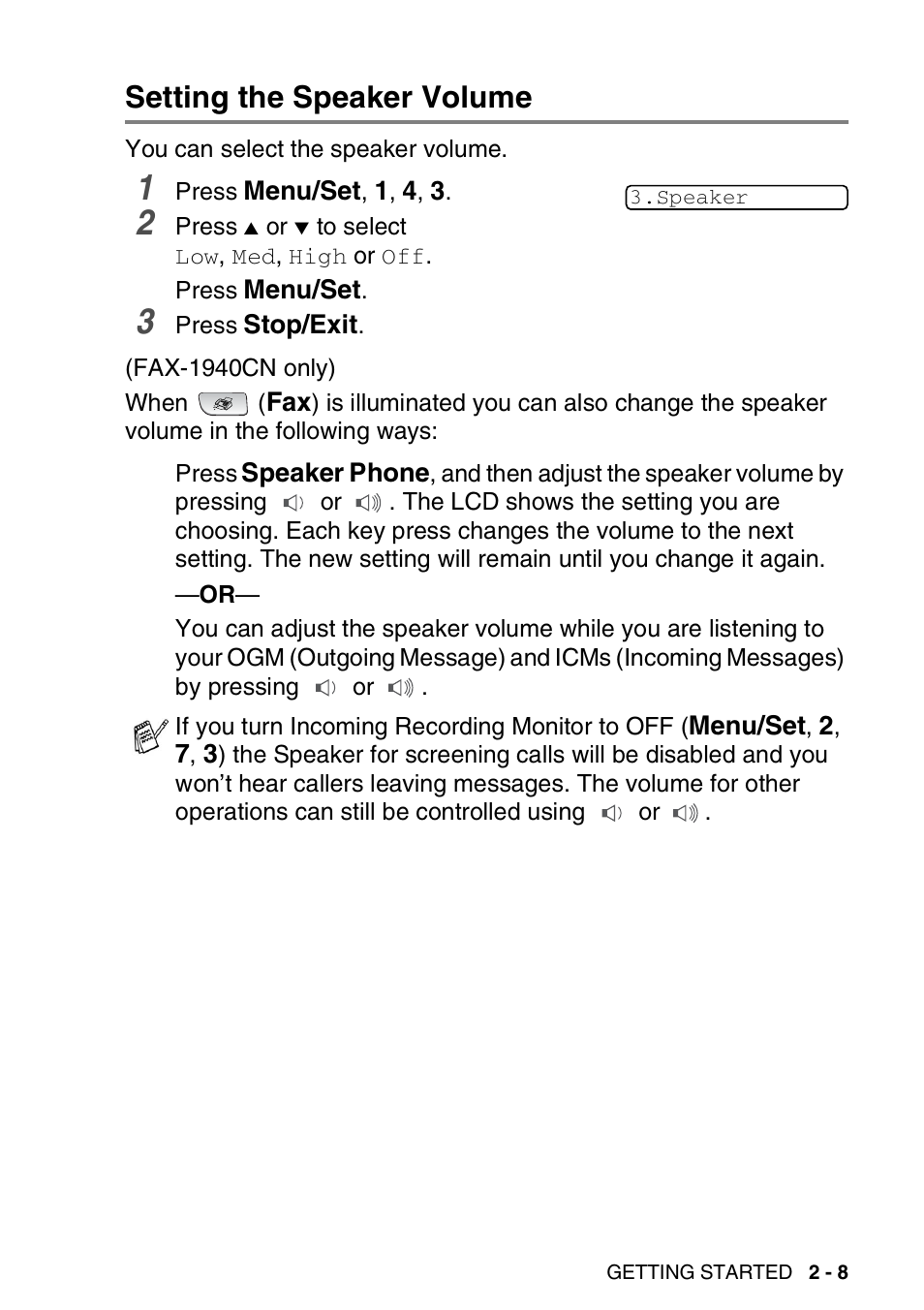 Setting the speaker volume, Setting the speaker volume -8 | Brother FAX-1840CN User Manual | Page 46 / 220