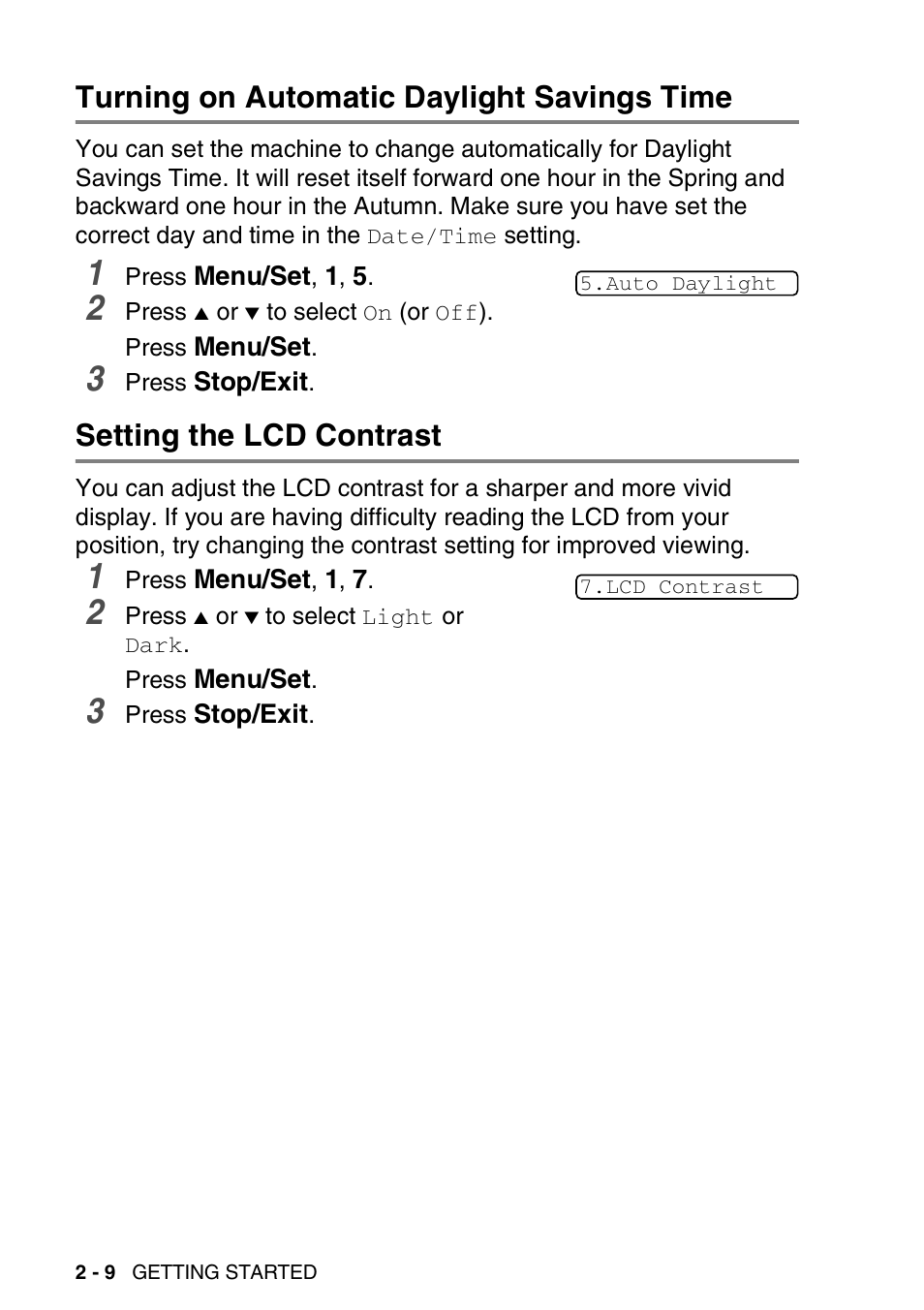 Turning on automatic daylight savings time, Setting the lcd contrast | Brother FAX-1840CN User Manual | Page 47 / 220