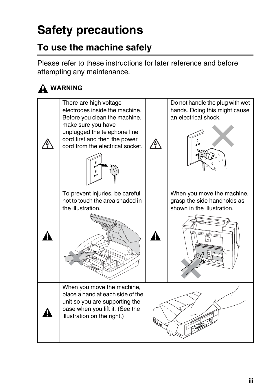 Safety precautions, To use the machine safely | Brother FAX-1840CN User Manual | Page 5 / 220