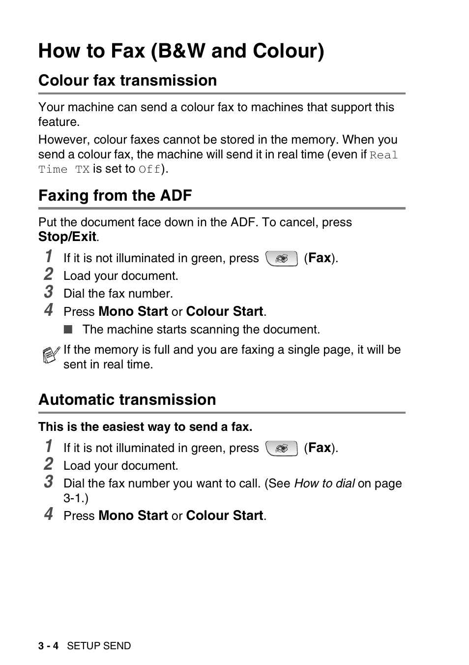 How to fax (b&w and colour), Colour fax transmission, Faxing from the adf | Automatic transmission, How to fax (b&w and colour) -4 | Brother FAX-1840CN User Manual | Page 51 / 220