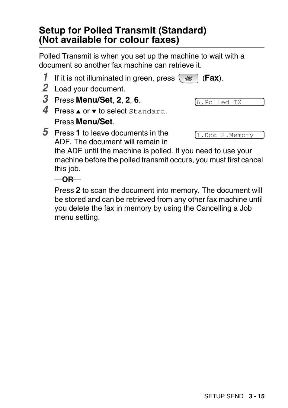 Setup for polled transmit (standard), Not available for colour faxes) -15 | Brother FAX-1840CN User Manual | Page 62 / 220