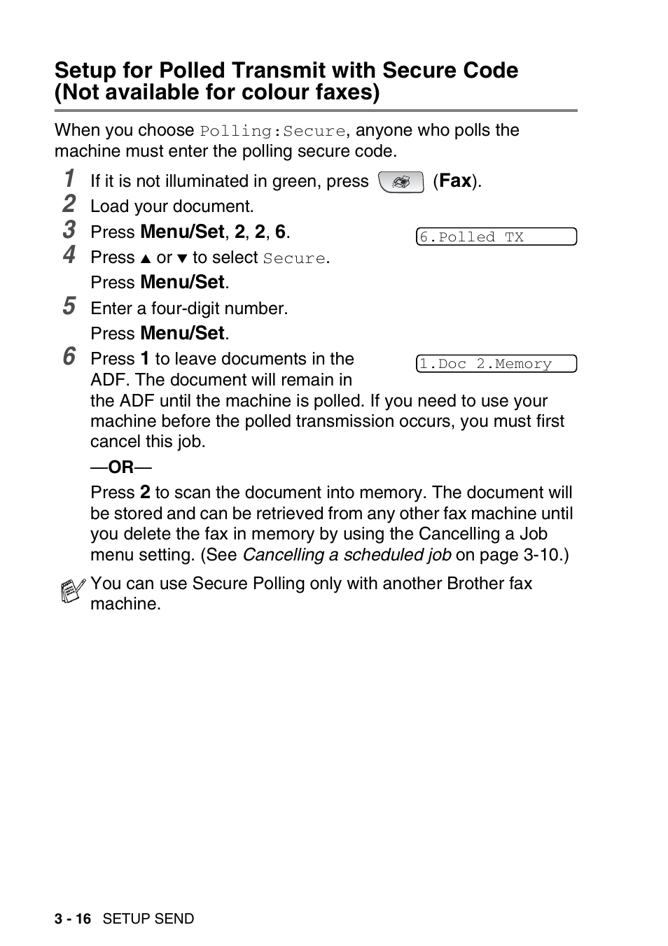 Setup for polled transmit with secure code, Not available for colour faxes) -16 | Brother FAX-1840CN User Manual | Page 63 / 220