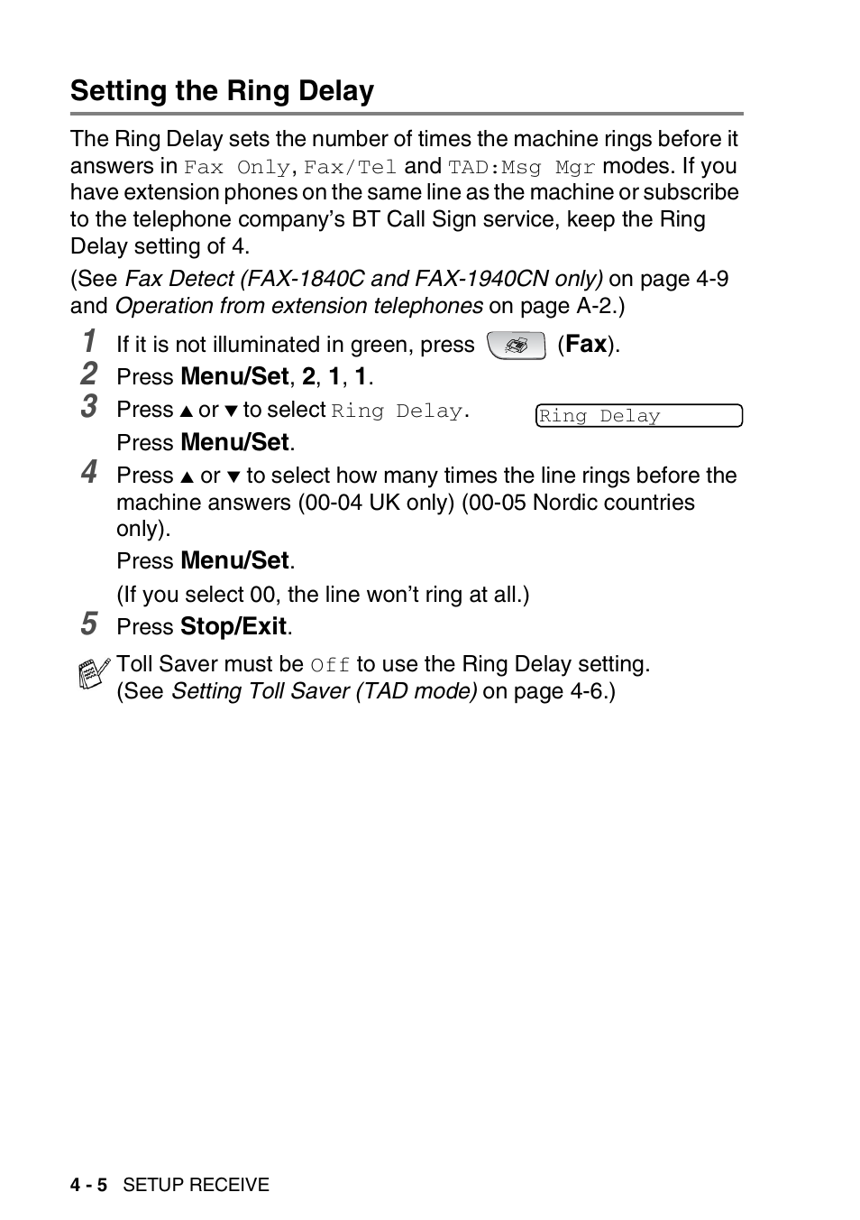 Setting the ring delay, Setting the ring delay -5 | Brother FAX-1840CN User Manual | Page 73 / 220