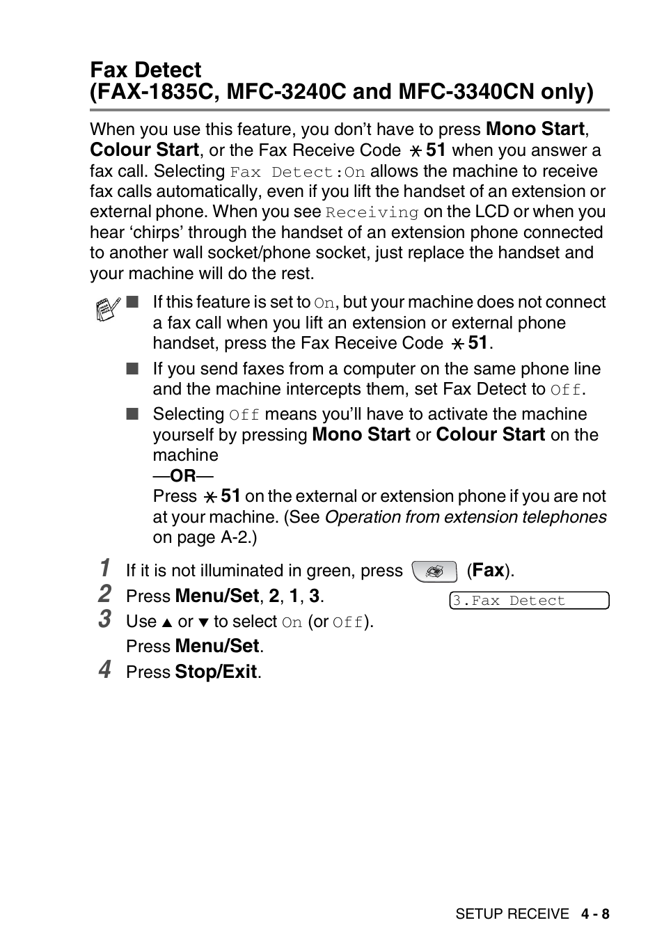 Fax detect (fax-1835c, mfc-3240c and, Mfc-3340cn only) -8 | Brother FAX-1840CN User Manual | Page 76 / 220