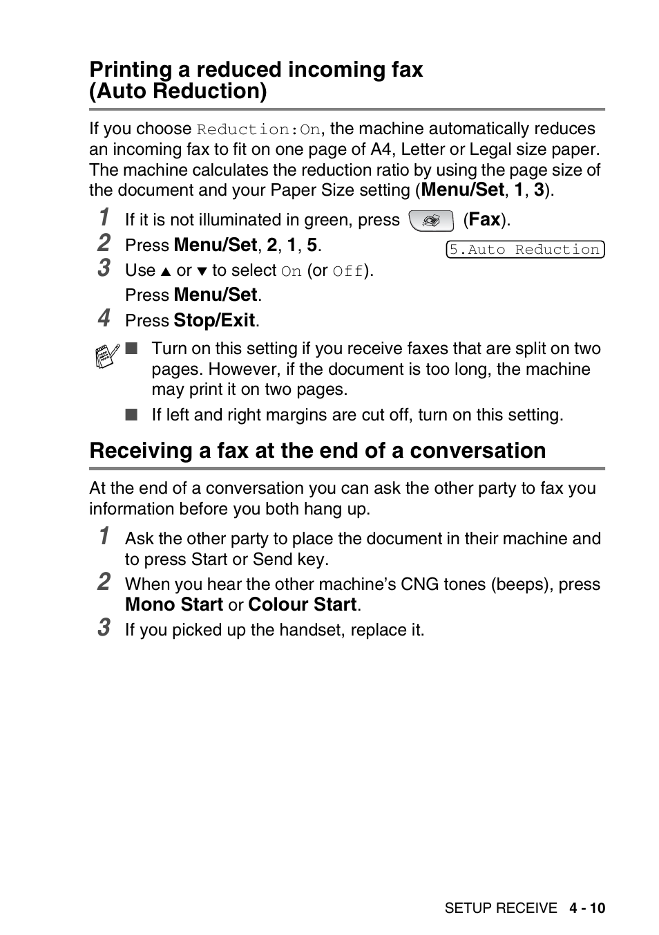 Printing a reduced incoming fax (auto reduction), Receiving a fax at the end of a conversation, Printing a reduced incoming fax | Auto reduction) -10, Receiving a fax at the end of a conversation -10 | Brother FAX-1840CN User Manual | Page 78 / 220