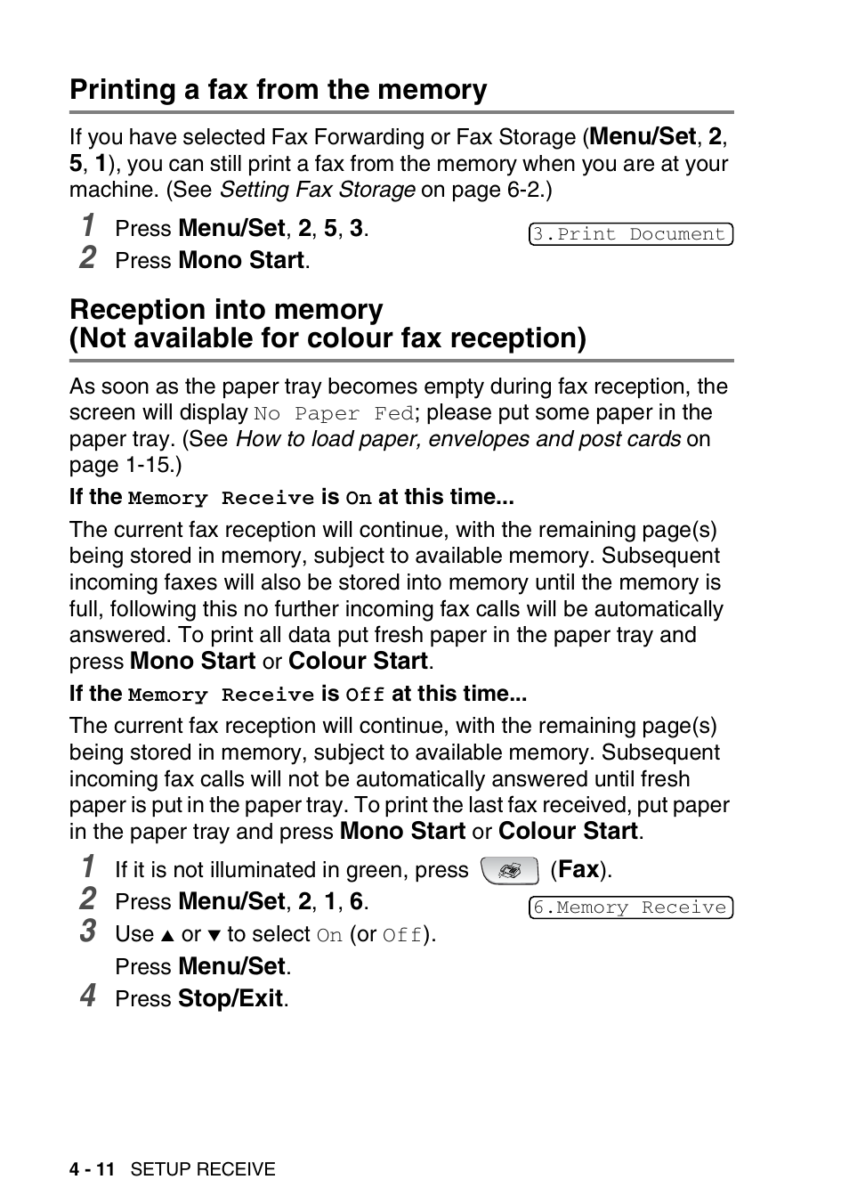 Printing a fax from the memory, Not available for colour fax reception) -11 | Brother FAX-1840CN User Manual | Page 79 / 220