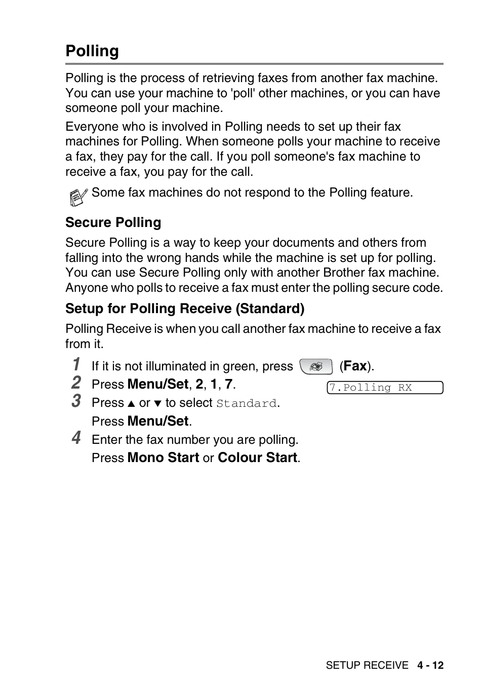 Polling, Secure polling, Setup for polling receive (standard) | Polling -12 | Brother FAX-1840CN User Manual | Page 80 / 220