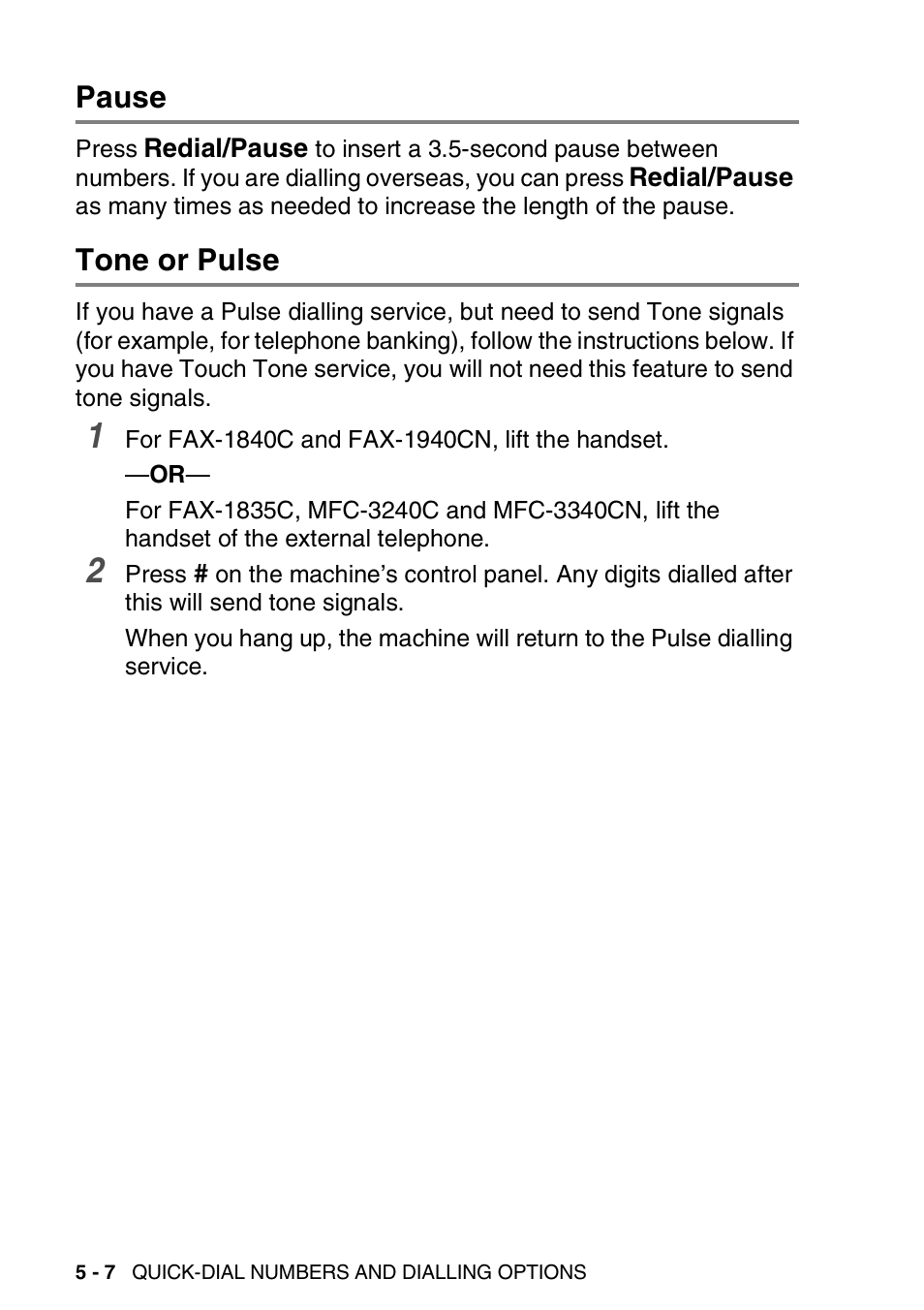Pause, Tone or pulse, Pause -7 tone or pulse -7 | Brother FAX-1840CN User Manual | Page 89 / 220