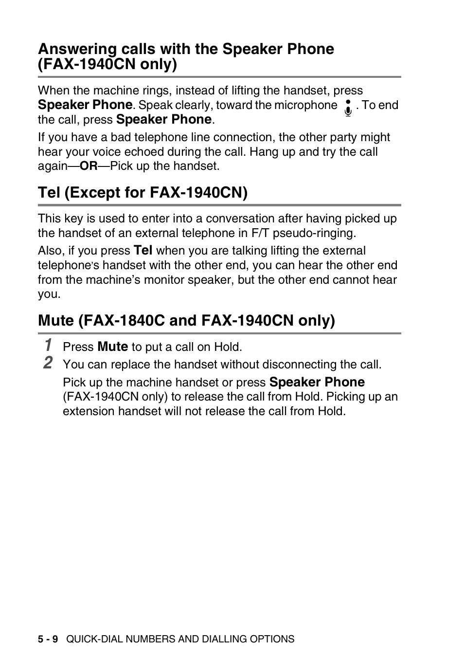 Tel (except for fax-1940cn), Mute (fax-1840c and fax-1940cn only), Answering calls with the speaker phone | Fax-1940cn only) -9 | Brother FAX-1840CN User Manual | Page 91 / 220