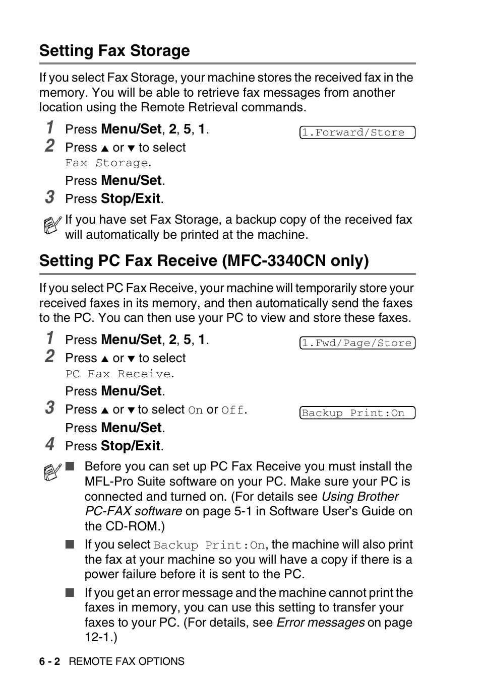 Setting fax storage, Setting pc fax receive (mfc-3340cn only) | Brother FAX-1840CN User Manual | Page 93 / 220