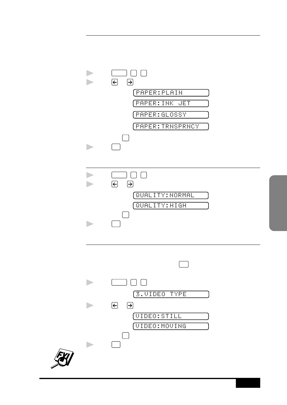Setting paper type, Setting video printing quality, Setting video type | Brother MFC 7050C User Manual | Page 119 / 264