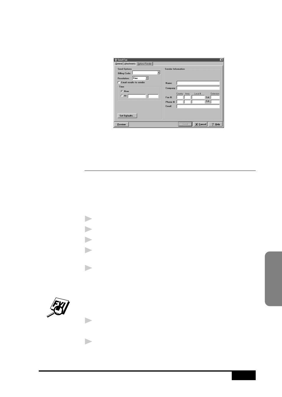 Sending from other windows® applications, If you are using windows® 95/98, Options/sender tab | Sending from other windows, Applications, If you are using windows | Brother MFC 7050C User Manual | Page 189 / 264