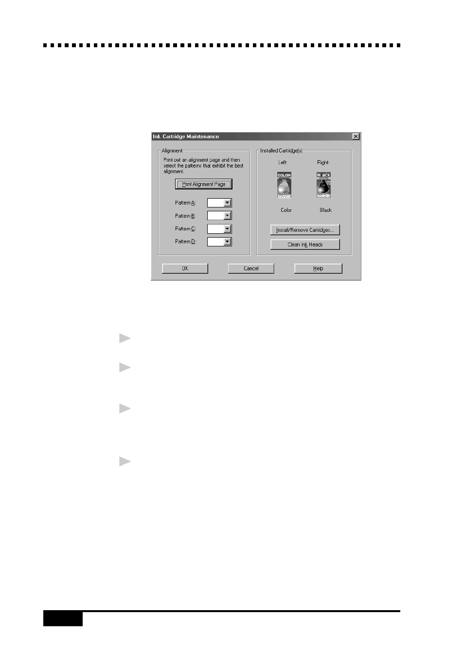 Ink cartridge maintenance, Aligning the ink cartridges | Brother MFC 7050C User Manual | Page 216 / 264