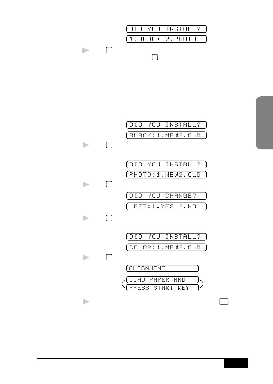 Did you install? 1.black 2.photo, Did you install? black:1.new2.old, Did you install? photo:1.new2.old | Did you change? left:1.yes 2.no, Did you install? color:1.new2.old | Brother MFC 7050C User Manual | Page 31 / 264