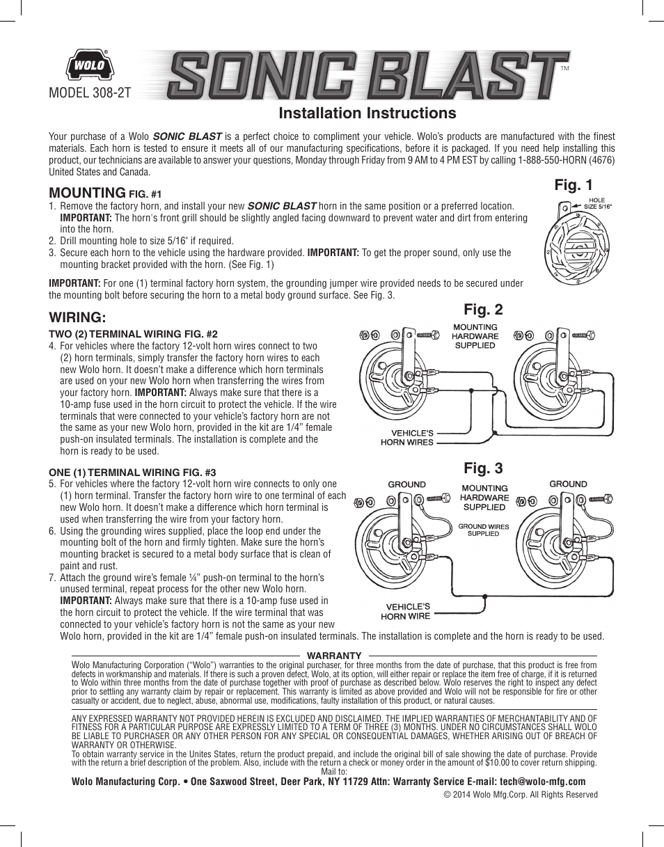 Wolo 308-2T Sonic Blast User Manual | 1 page