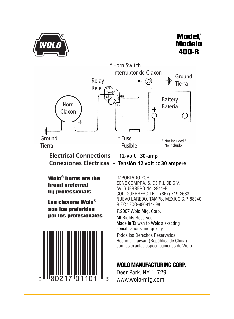 Wolo 400-R Horn Relay User Manual | 1 page