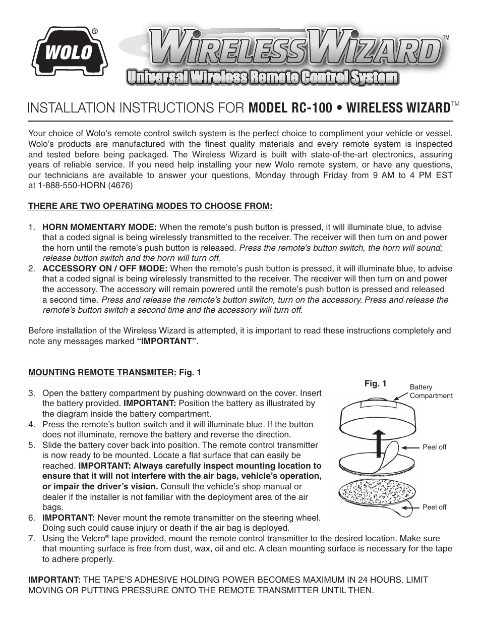 Wolo RC-100 WIRELESS WIZARD User Manual | 4 pages