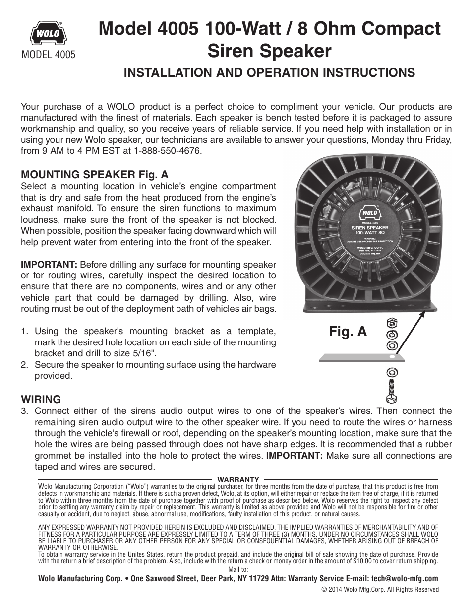 Wolo 4005 Siren Speaker User Manual | 1 page