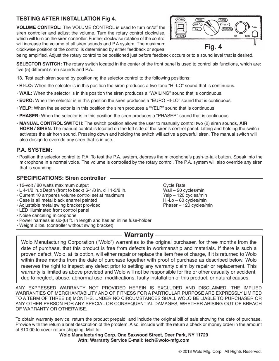Warranty | Wolo 4000-2 Alert User Manual | Page 4 / 4