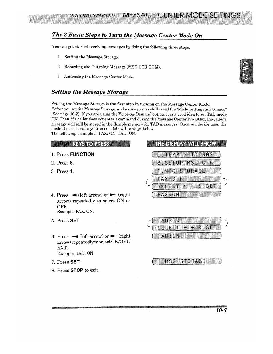 Keys to press, Press function, Display will show | Isielil | Brother 875 MC User Manual | Page 103 / 166