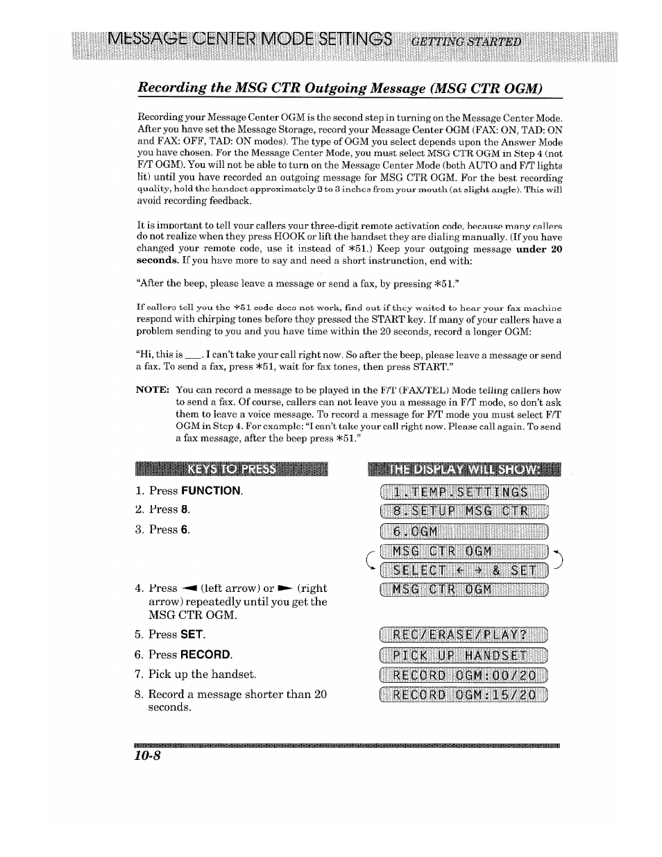 Press function, The display will show, Pum^pt-nter mode sett | Ke ys to p, Function, Record | Brother 875 MC User Manual | Page 104 / 166