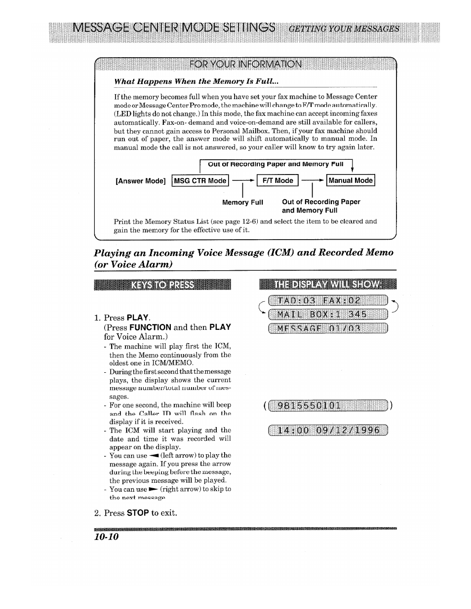 The display will show, Play, Function | Stop, Press, And then, For voice alarm.) | Brother 875 MC User Manual | Page 106 / 166