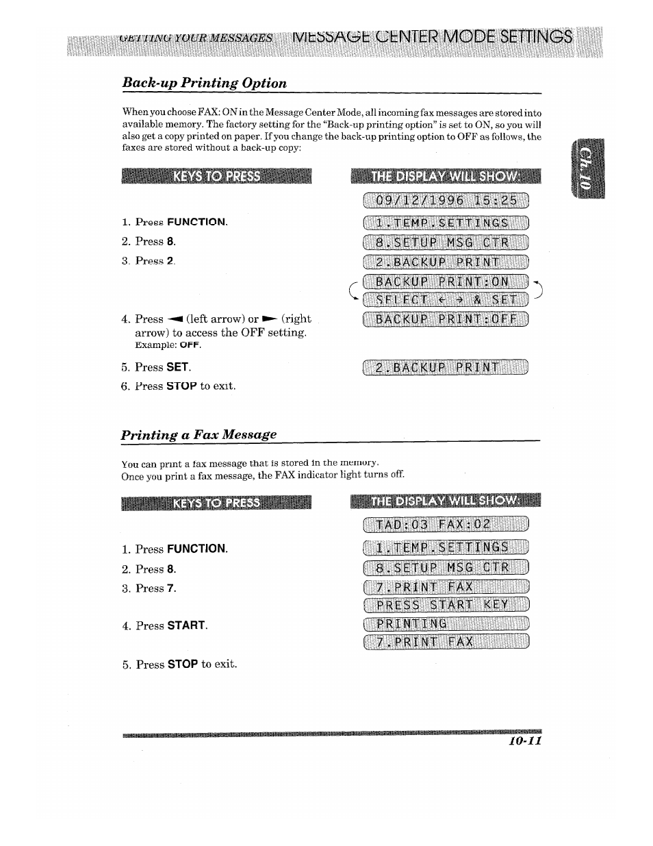 Back-up printing option, Press function, The display will show | Printing a fax message, Keys to press, The display will sho, Printing the call back message -19, Back-up printing option -11 | Brother 875 MC User Manual | Page 107 / 166