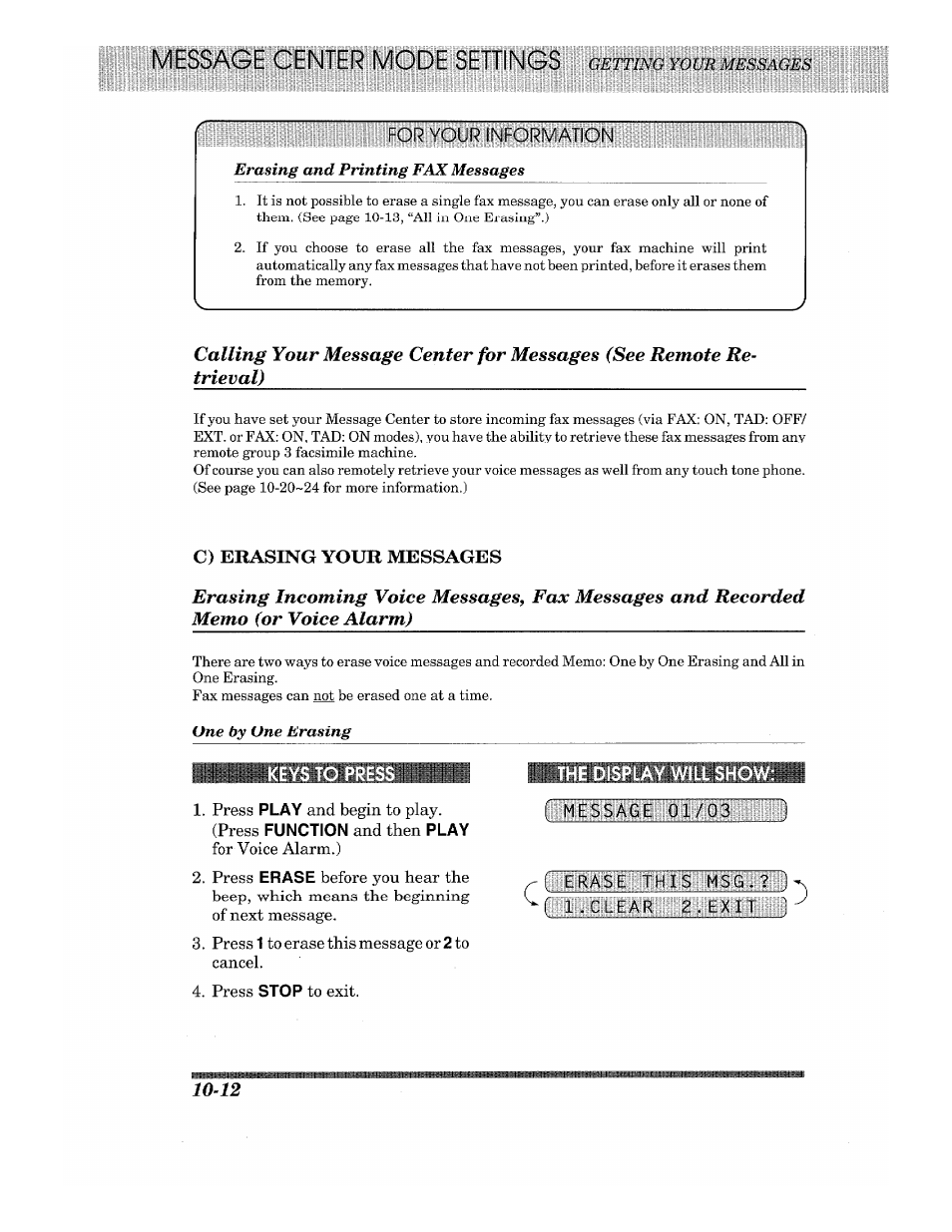 C) erasing your messages, Keys to press, The display will show | B) getting your messages -9 | Brother 875 MC User Manual | Page 108 / 166