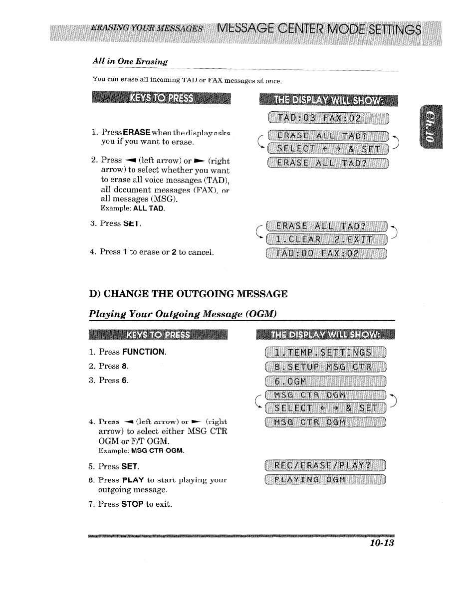 Keys to press, The display will show, D) change the outgoing message | Playing your outgoing message (pgm), Press function, D) change the outgoing message -13, Playing your outgoing message (ogm) -13 | Brother 875 MC User Manual | Page 109 / 166