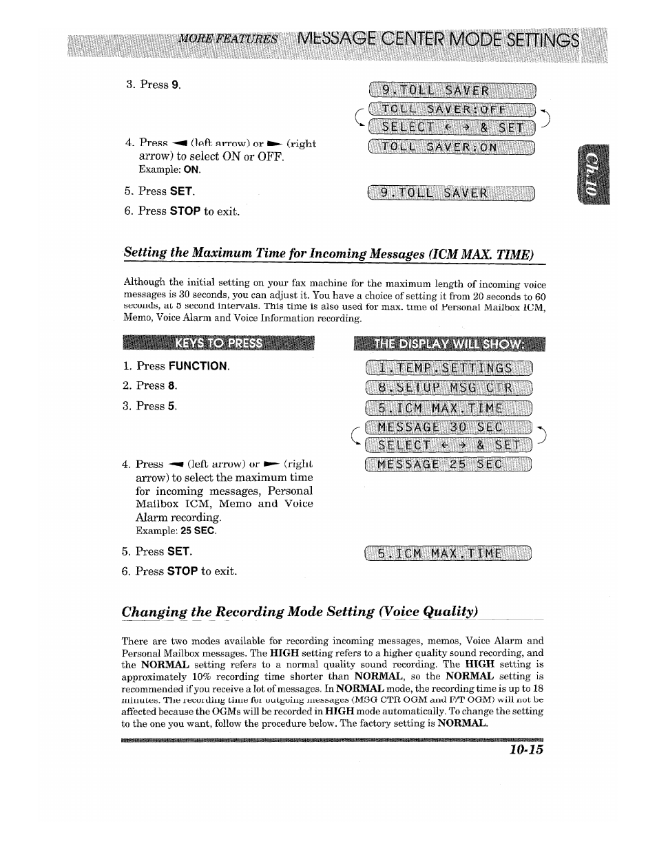 Press function, The display will show, Keys to pre | The display will show; ilsbisbiipbilbiijibiffii) | Brother 875 MC User Manual | Page 111 / 166