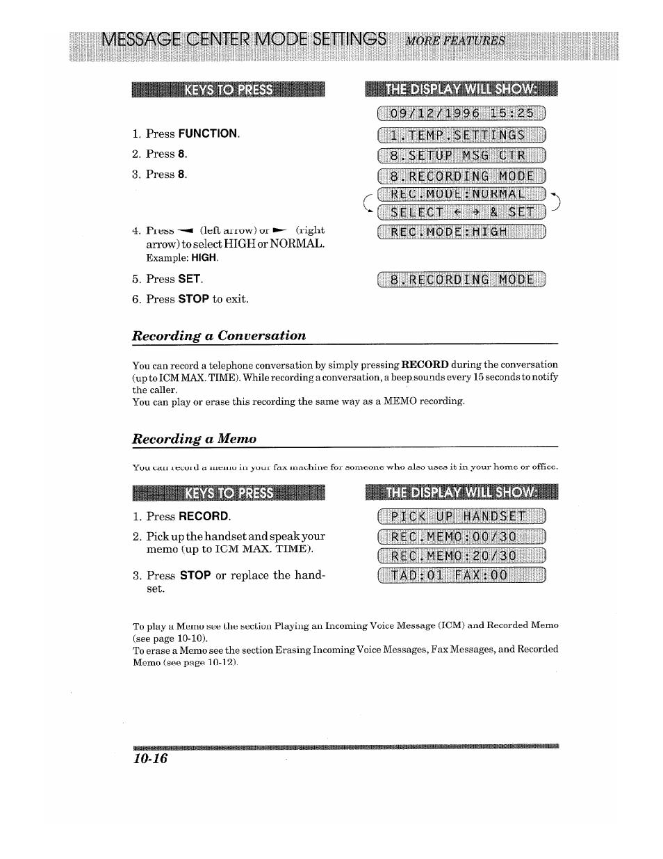 The display will show, Recording a conversation, Recording a memo | The display will sho, Recording a conversation -16 recording a memo -16 | Brother 875 MC User Manual | Page 112 / 166