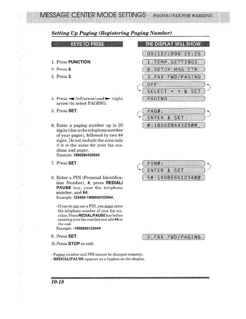 Setting up paging (registering paging number), Keys to p, Press function | He display will sho, Setting up paging (registering paging number) -18 | Brother 875 MC User Manual | Page 114 / 166