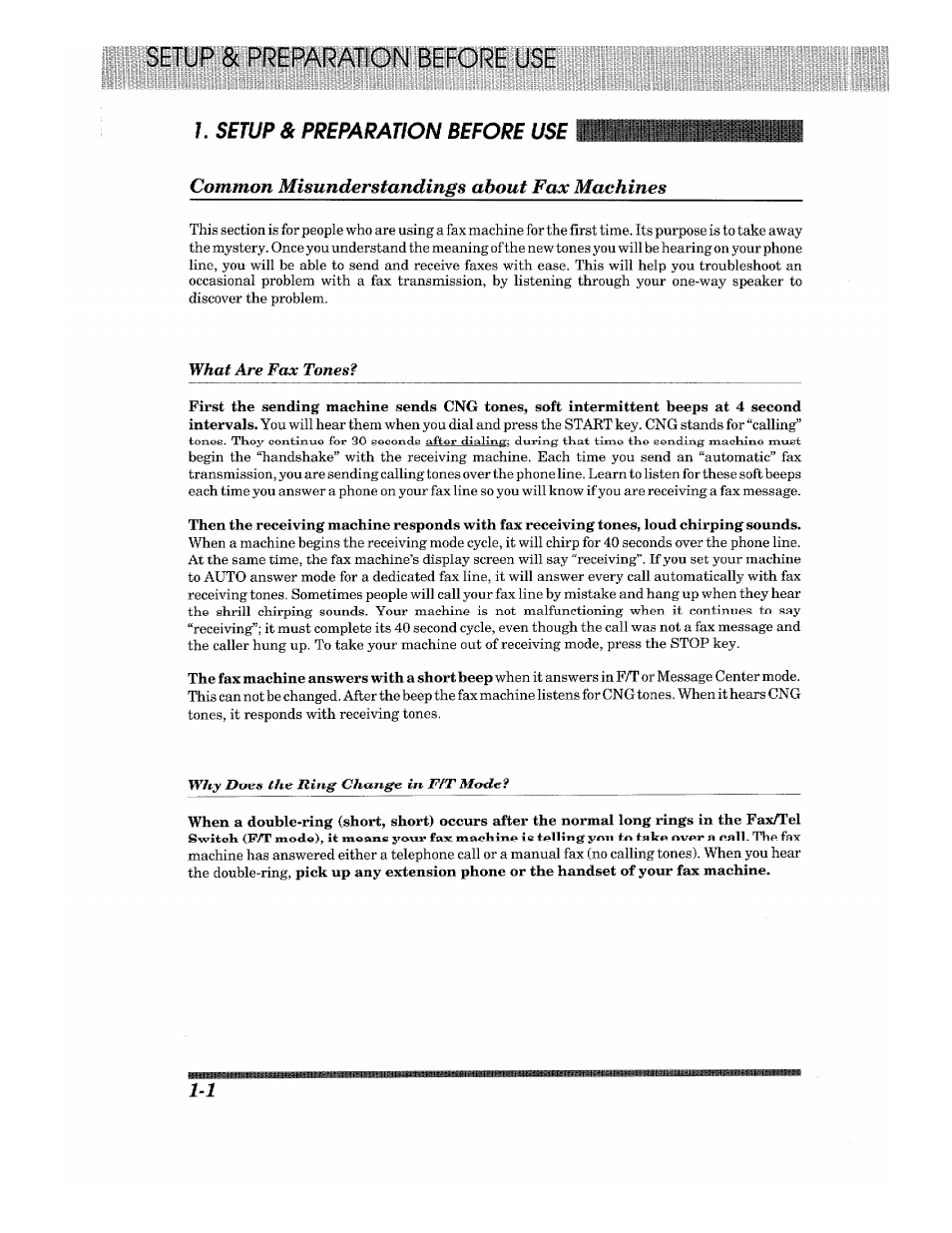 Setup & preparation before use, Common misunderstandings about fax machines, Hill | What are fax tones, Why does the ring change in fit mode | Brother 875 MC User Manual | Page 12 / 166