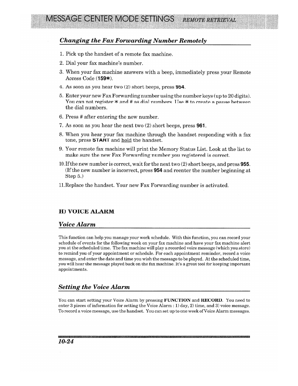 H) voice alarm, Changing the fax forwarding number remotely, Voice alarm | Setting the voice alarm | Brother 875 MC User Manual | Page 120 / 166