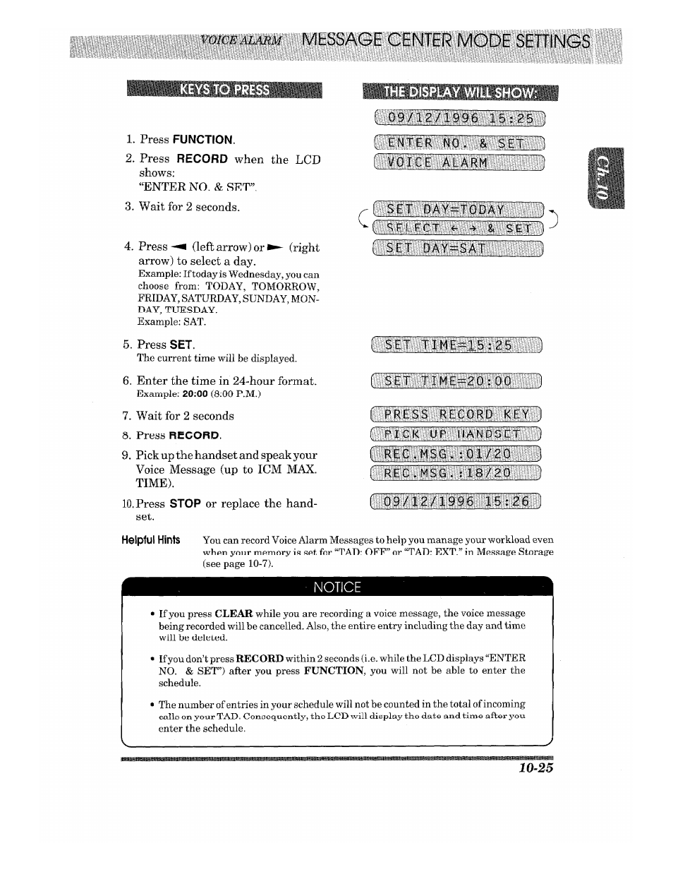 Press function, The display will show, Notice | Brother 875 MC User Manual | Page 121 / 166