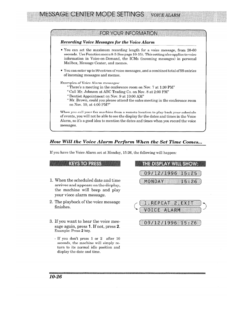Keys to pres, The display will show, Il mbssage center mode | Keys to pres the display will show | Brother 875 MC User Manual | Page 122 / 166