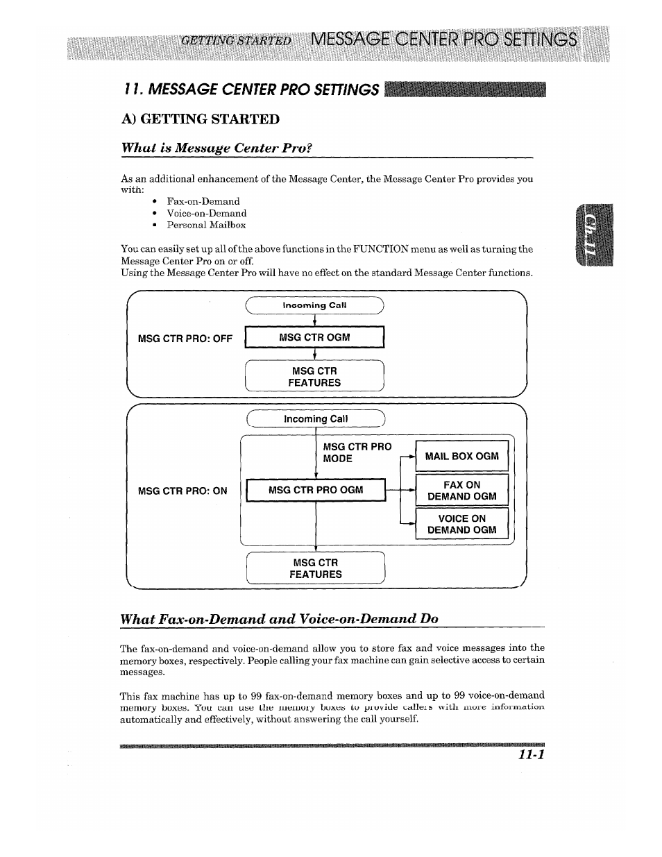 J1. message center pro sewngs, A) getting started, What fax-on-demand and voice-on-demand do | Message center pro area -5, A) getting started -1, What fax-on-demand and voice-on-demand do -1, What is message center pro | Brother 875 MC User Manual | Page 125 / 166