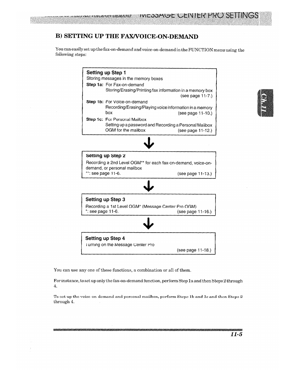 B) setting up the faxa^oice-on-demand, Setting up step 1, Setting up step 2 | Setting up step 3, Setting up step 4 | Brother 875 MC User Manual | Page 129 / 166