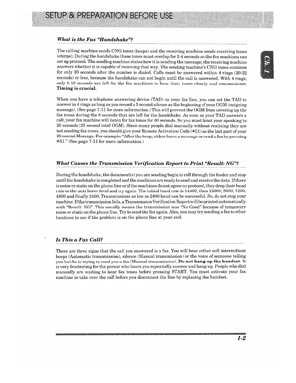 Setup & preparation before usi, What is the fax “handshake, Is this a fax call | Brother 875 MC User Manual | Page 13 / 166