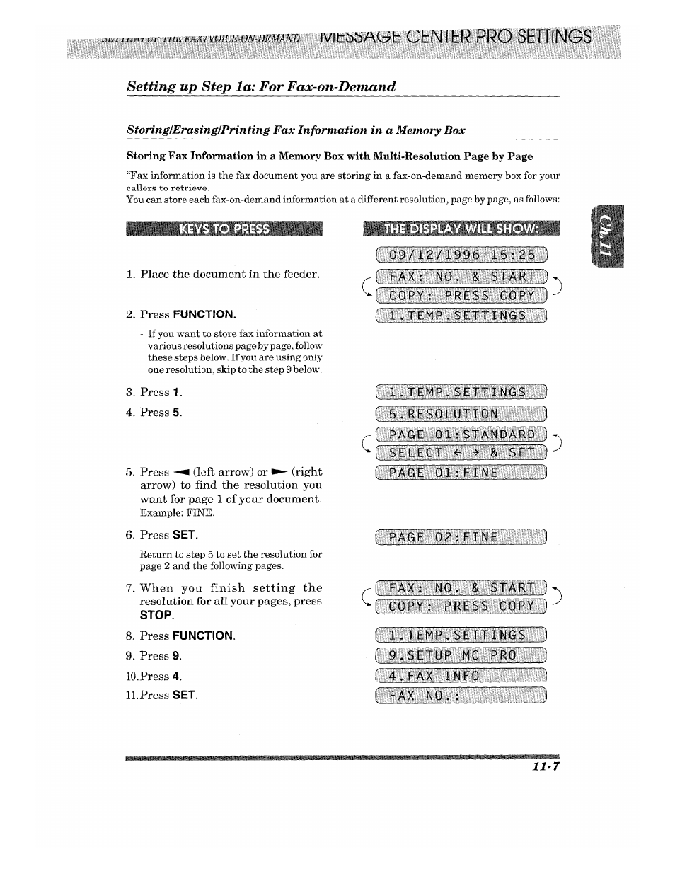 Keys to press, Press function, Stop | The display will show | Brother 875 MC User Manual | Page 131 / 166