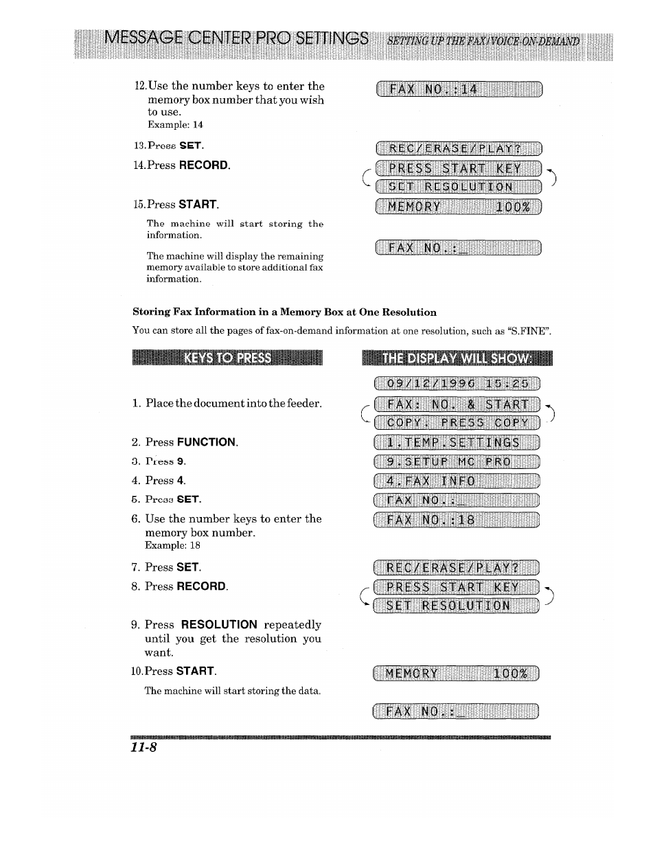 Keys to pres, The display will show | Brother 875 MC User Manual | Page 132 / 166