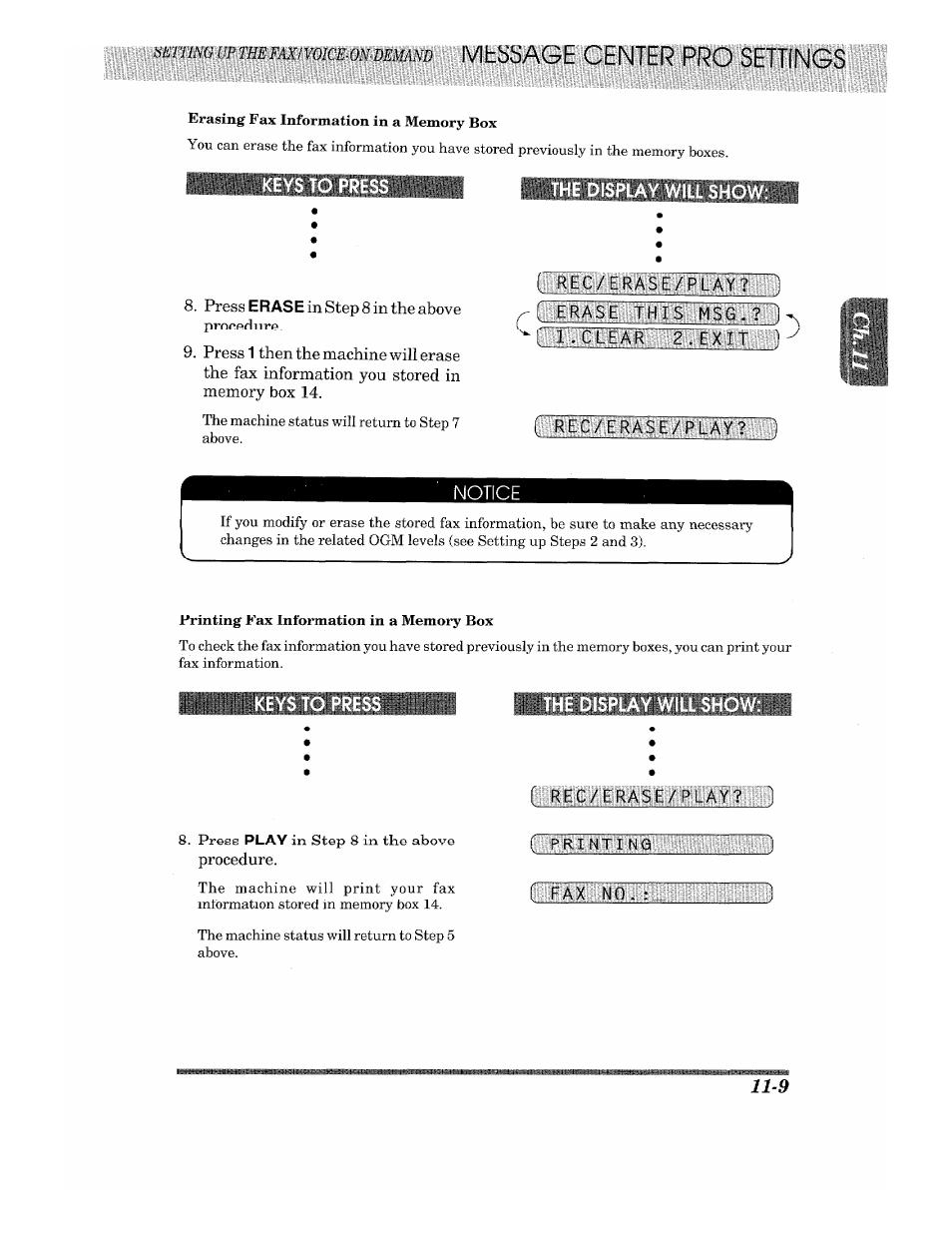 Keys to press, The display will show, Play will show | Notice | Brother 875 MC User Manual | Page 133 / 166