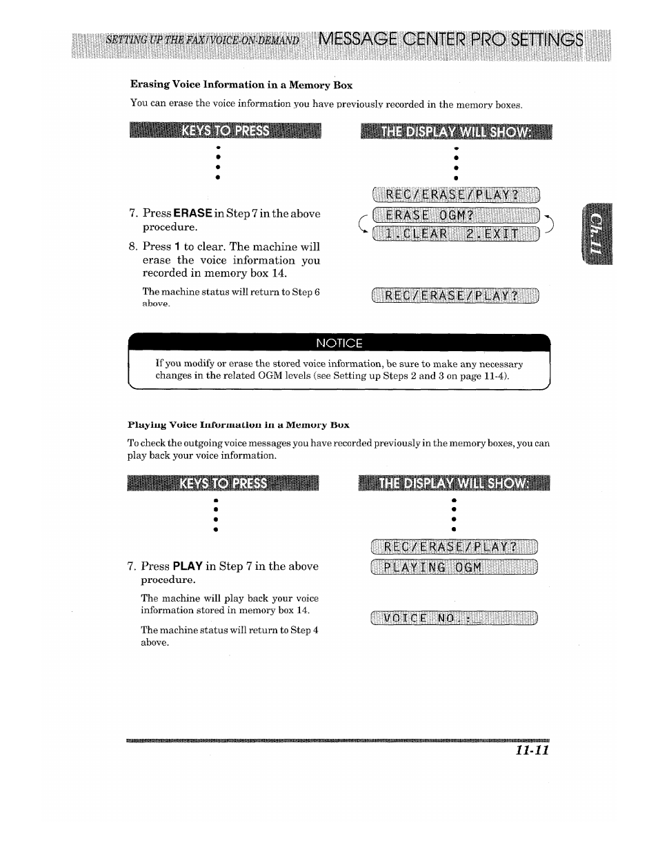 Keys to press, The display will show, Notice | Brother 875 MC User Manual | Page 135 / 166