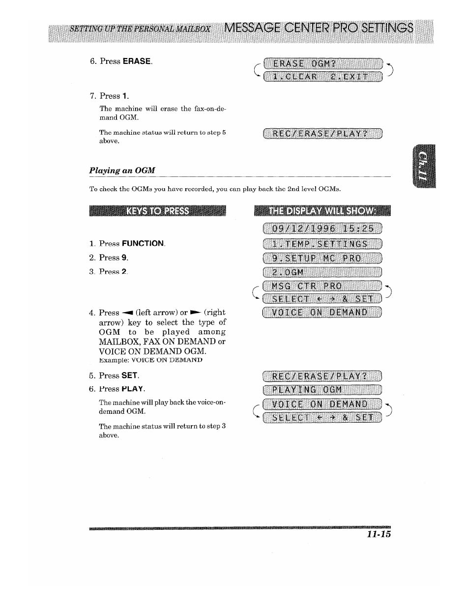 Keys to press, The display will show, Piaying ogm | Brother 875 MC User Manual | Page 139 / 166