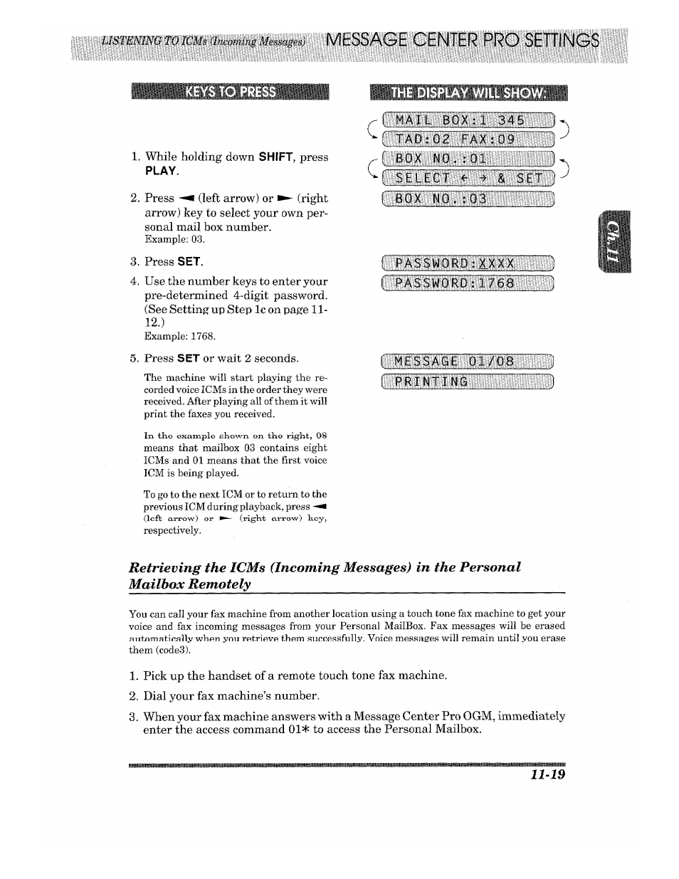 Keys to press, The display will show, While holding down | Press, Or wait 2 seconds | Brother 875 MC User Manual | Page 143 / 166